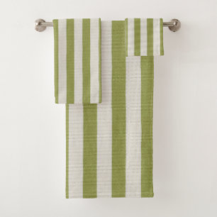 Rustic Sage Green and Cream Block Striped Bath Towel Set