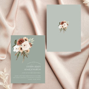 Rustic Sage Green and Peach Floral Wedding Invitation