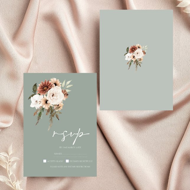 Rustic Sage Green and Peach Script Wedding RSVP Card (Rustic Sage Green Peach Floral Wedding RSVP Card)