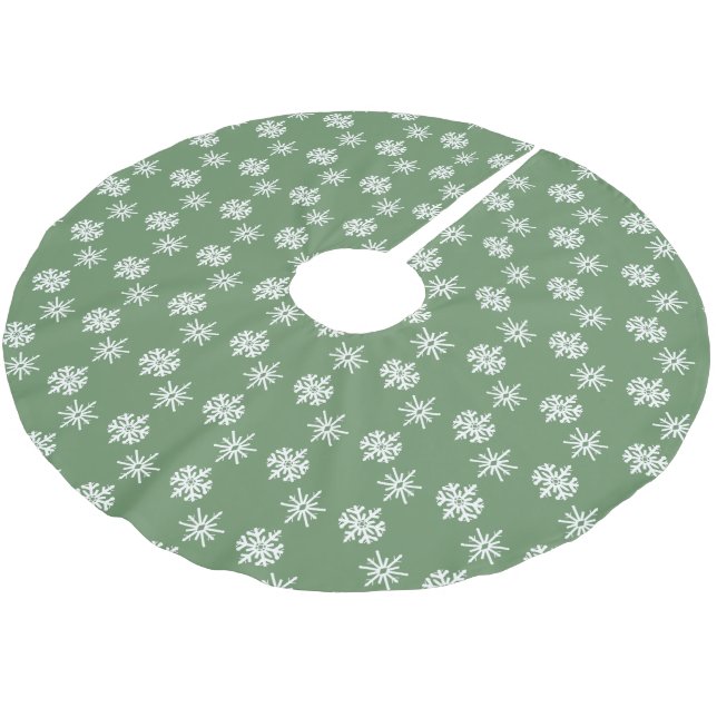 Rustic Sage Green and White Snowflakes Brushed Polyester Tree Skirt (Angled)