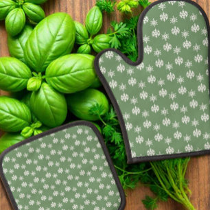 Rustic Sage Green and White Snowflakes Oven Mitt & Pot Holder Set