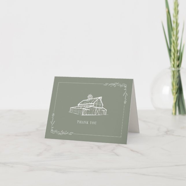 Rustic Sage Green Barn Farm Wedding Thank You Card (Front)