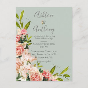 Rustic Sage Green Blush Floral Vintage Wedding  Invitation Postcard