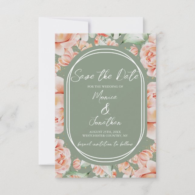 Rustic Sage Green Blush Floral Wedding Save The Date (Front)