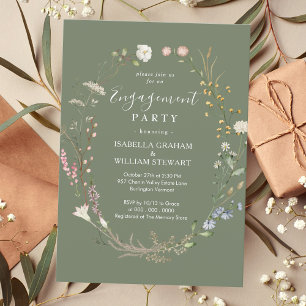 Rustic Sage Green Boho Wildflower Engagement Party Invitation