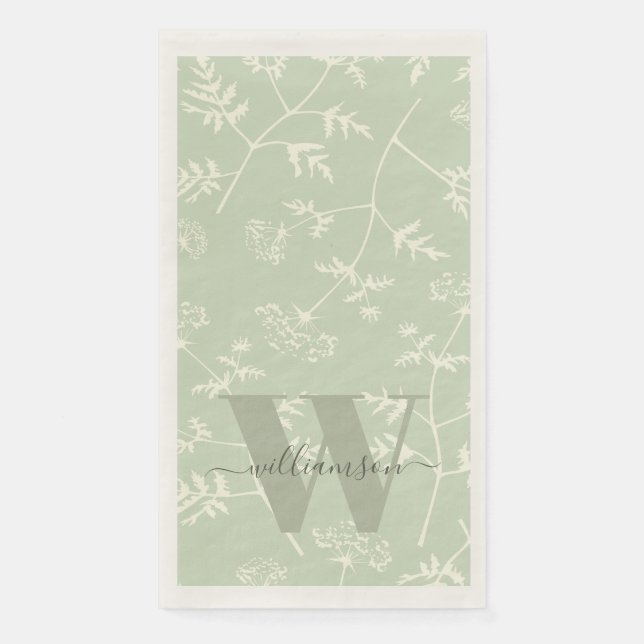 Rustic Sage Green Botanical Floral Monogrammed  Napkin (Front)