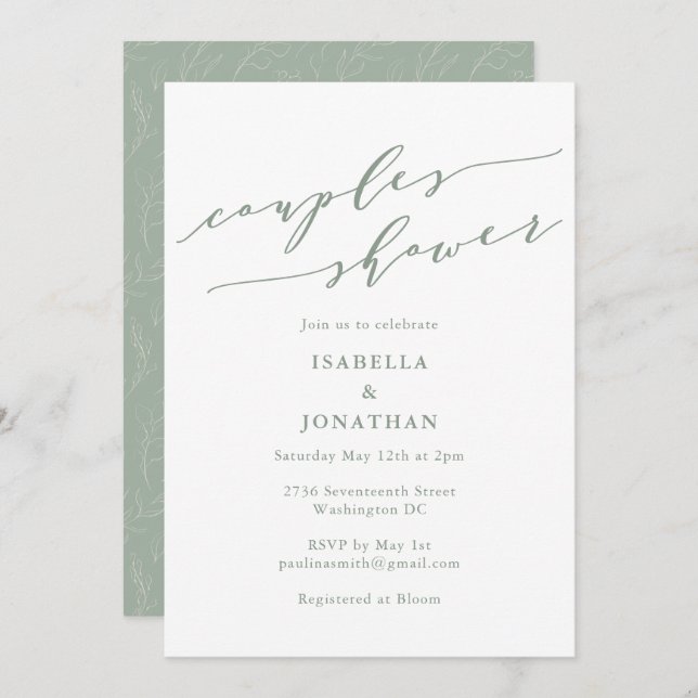 Rustic Sage Green Botanical Script Couples Shower Invitation (Front/Back)