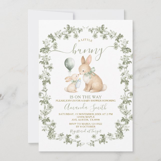 Rustic Sage Green Bunny Baby Shower Invitation (Front)