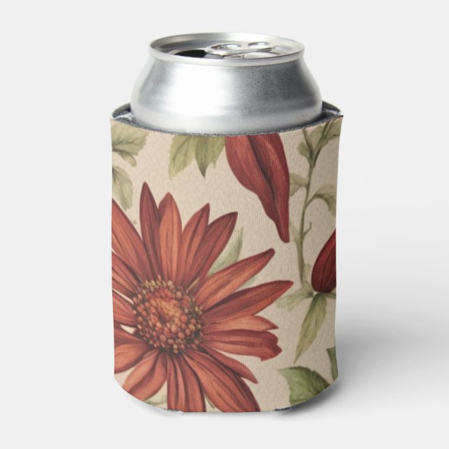 Rustic Sage Green & Burgundy Red Floral Autumn Can Cooler (Can Front)