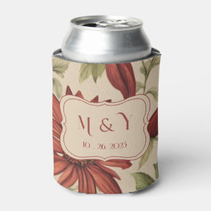 Rustic Sage Green & Burgundy Red Floral Autumn Can Cooler