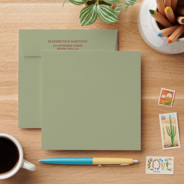 Rustic Sage Green & Burgundy Red Floral Autumn Envelope (Desk)