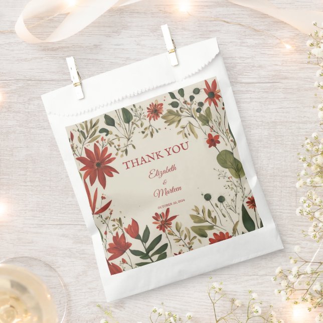 Rustic Sage Green & Burgundy Red Floral Autumn Favour Bags (Clipped)