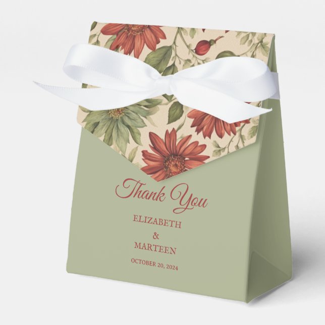 Rustic Sage Green & Burgundy Red Floral Autumn Favour Box (Front Side)