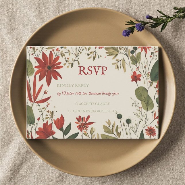 Rustic Sage Green & Burgundy Red Floral Autumn  RSVP Card (Creator Uploaded)