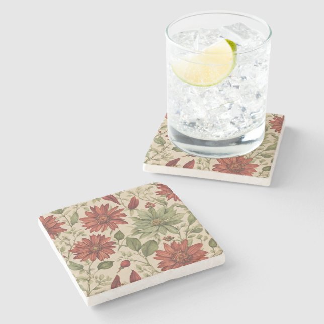 Rustic Sage Green & Burgundy Red Floral Autumn Stone Coaster (Side)