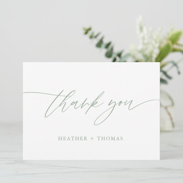 Rustic Sage Green Calligraphy Wedding Thank You Card (Standing Front)