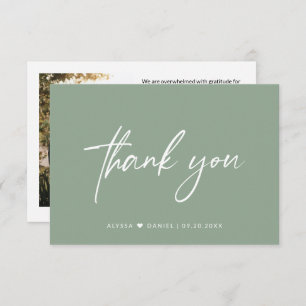 Rustic Sage Green casual Script wedding photo Thank You Card
