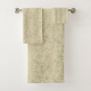 Rustic Sage Green Daisies on beige background Bath Towel Set