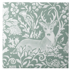Rustic Sage Green Deer Woodland Hedgehog Bird Tile