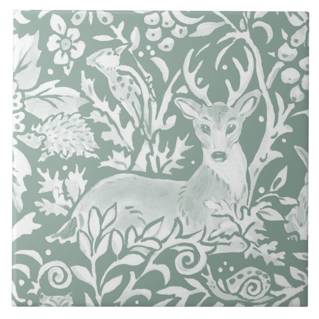 Rustic Sage Green Deer Woodland Hedgehog Bird Tile (Front)