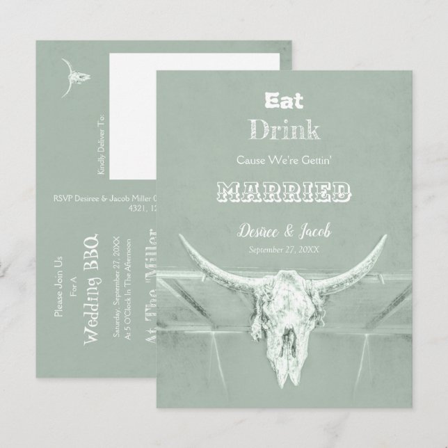 Rustic Sage Green Eat Drink Married Bull Skull Announcement Postcard (Front/Back)