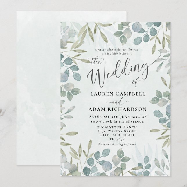 Rustic Sage Green Eucalyptus Watercolor Wedding  Invitation (Front/Back)