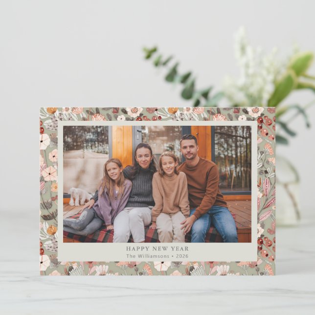 Rustic Sage Green Floral Boho Photo New Year Holiday Card (Standing Front)
