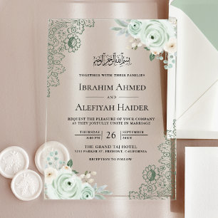 Rustic Sage Green Floral Lace Muslim Wedding Acrylic Invitations