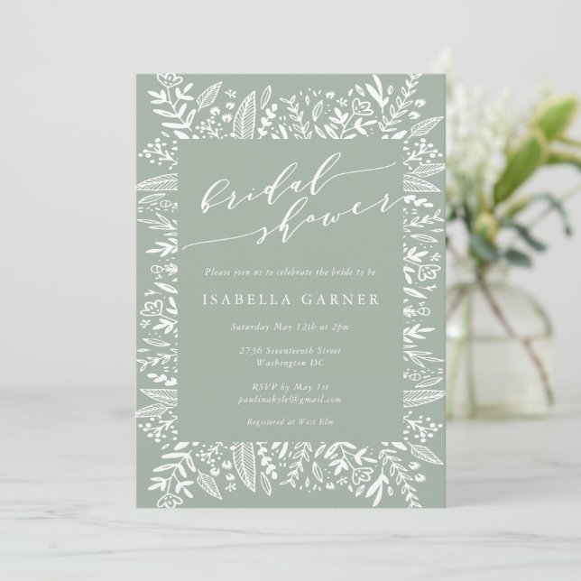 Rustic Sage Green Floral Line Art Bridal Shower Invitation (Standing Front)