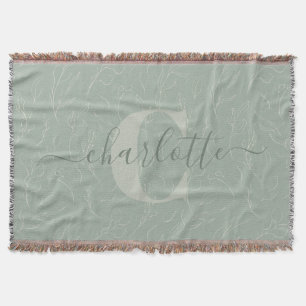 Rustic Sage Green Floral Pattern Personalised Name Throw Blanket
