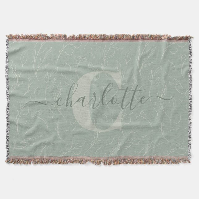Rustic Sage Green Floral Pattern Personalised Name Throw Blanket (Front)