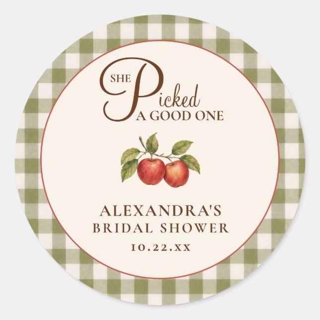 Rustic Sage Green Gingham Apple Bridal Shower Classic Round Sticker (Front)