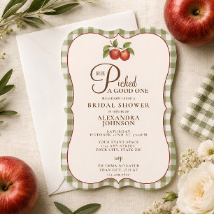 Rustic Sage Green Gingham Apple Bridal Shower Invitation