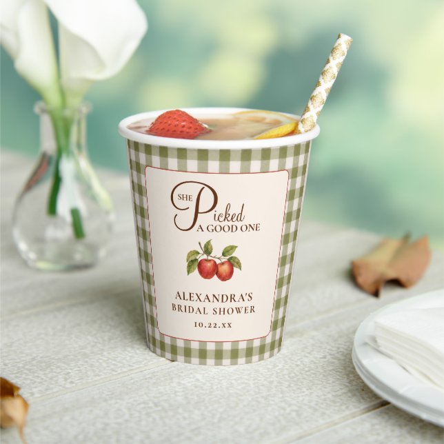 Rustic Sage Green Gingham Apple Bridal Shower Paper Cups (Insitu)
