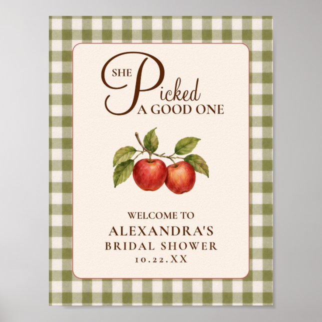 Rustic Sage Green Gingham Apple Bridal Shower Poster (Front)