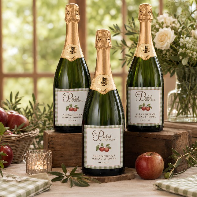 Rustic Sage Green Gingham Apple Bridal Shower Sparkling Wine Label (Creator Uploaded)