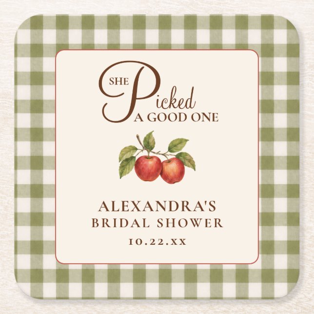 Rustic Sage Green Gingham Apple Bridal Shower Square Paper Coaster (Front)
