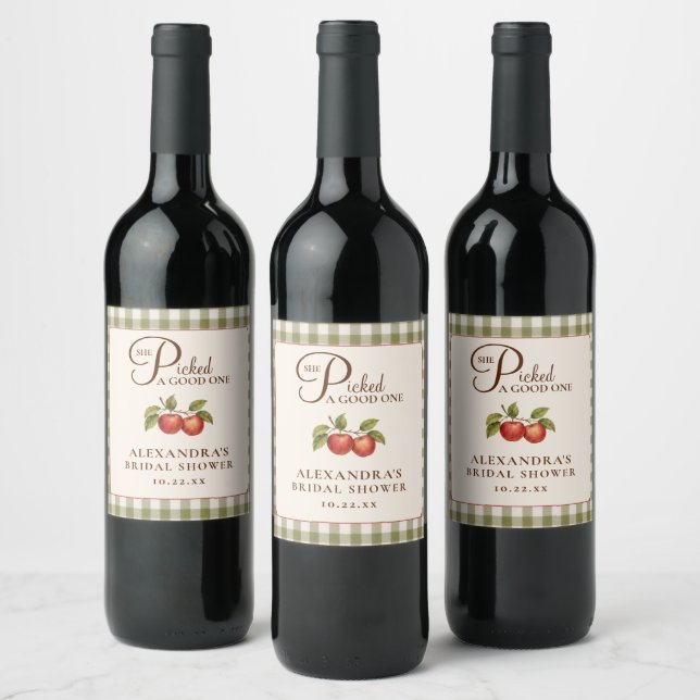 Rustic Sage Green Gingham Apple Bridal Shower Wine Label (Bottles)
