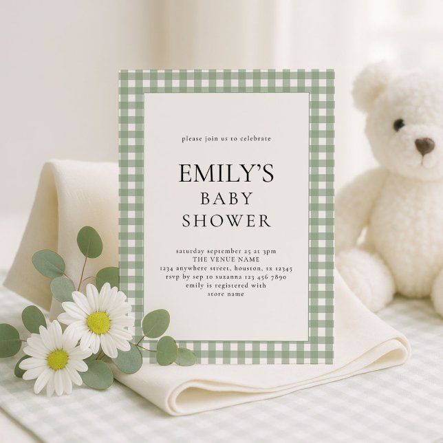 Rustic Sage Green Gingham Baby Shower  Invitation (Creator Uploaded)