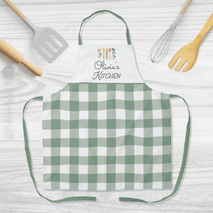 Rustic Sage Green Gingham Pattern Farmhouse Apron
