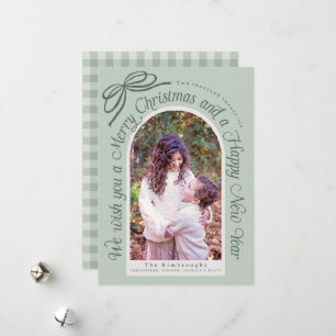 Rustic Sage Green Ivory Bow Photo Holiday Card