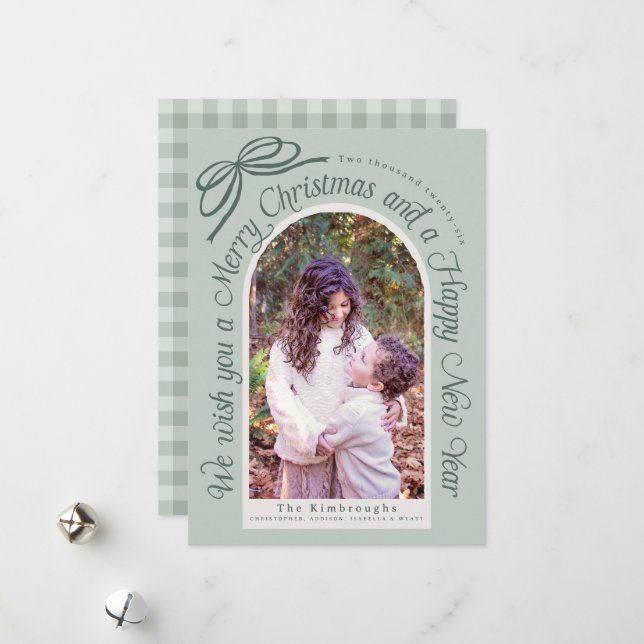 Rustic Sage Green Ivory Bow Photo Holiday Card (Front/Back In Situ)