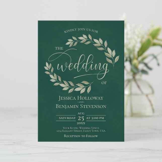 Rustic Sage Green Leaves Emerald Green Wedding Invitation (Standing Front)