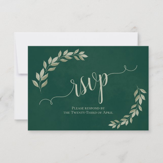 Rustic Sage Green Leaves Simple Emerald Wedding RSVP Card (Front)