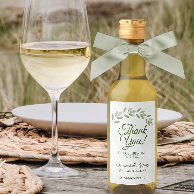 Rustic Sage Green Leaves Wedding Thank You Mini Wine Label (Creator Uploaded)