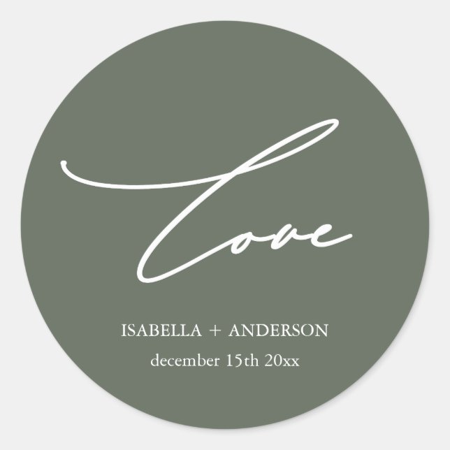 Rustic Sage Green Love Script with Name Wedding Classic Round Sticker (Front)