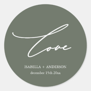 Rustic Sage Green Love Script with Name Wedding Classic Round Sticker
