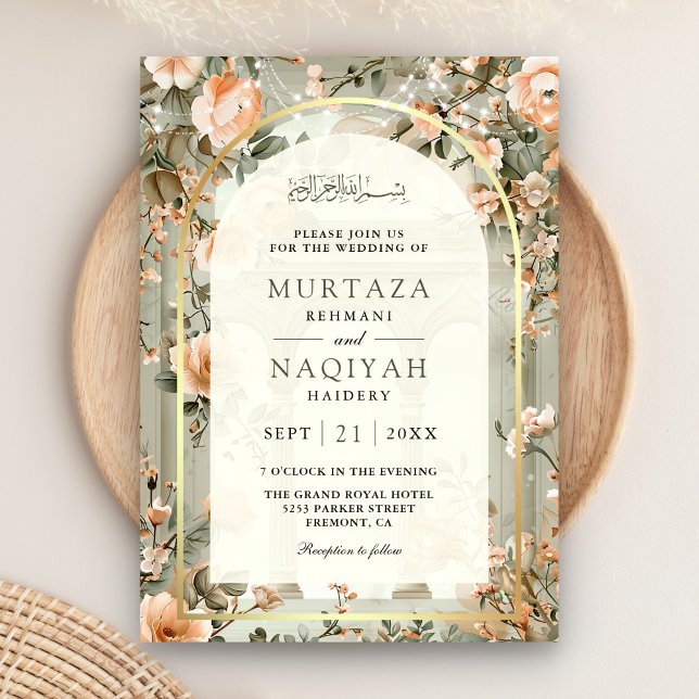Rustic Sage Green Peach Floral Muslim Wedding Invitation (Front)