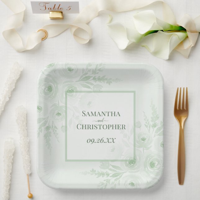 Rustic Sage Green Peonies Elegant Boho Wedding Paper Plate (Wedding)