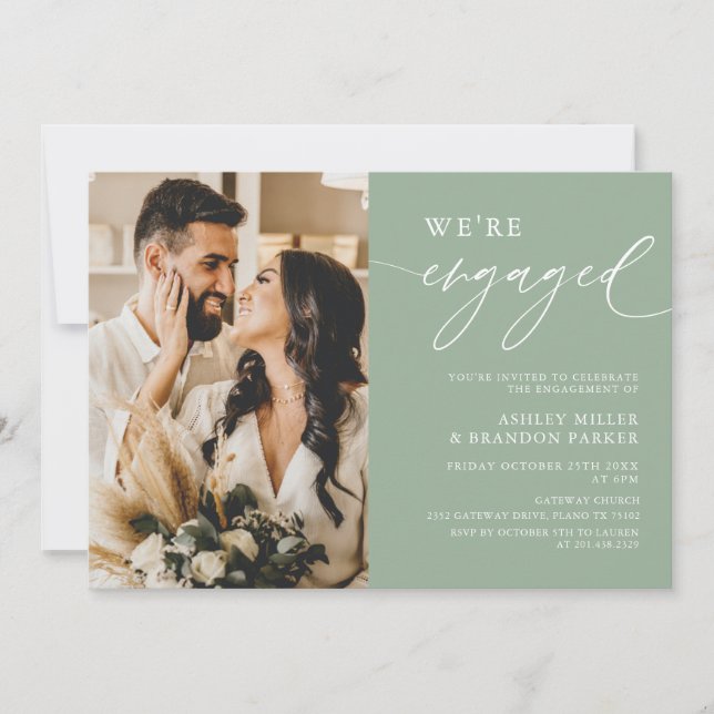 Rustic Sage Green Photo Engagement Party Invitation (Front)